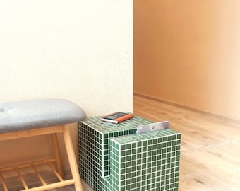 Glass Tile Coffee Table, Handmade tiled side table, Mosaic Tiles Cube, Versatile C-Shape furniture