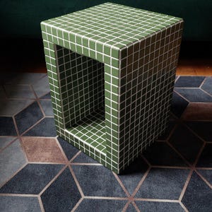 Handmade Green Mosaic Side Table | Open Tiled Cube End Table