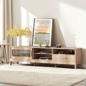May include: A light wood-toned TV stand with a framed landscape painting, a vase of yellow flowers, and a white rug. The stand has a glass-fronted cabinet, open shelves, and a drawer. A camera and headphones sit on top.