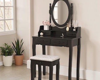 Black Vanity Table Set with Oval Swivel Mirror and Stool 4 Drawer Makeup Desk Small Bedroom Dressing Table for Teens Women