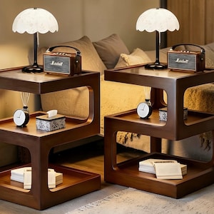 Solid Wood Nightstand with LED Light Modern Bedside Table Walnut 3 Tier End Table with Open Storage No Assembly Required