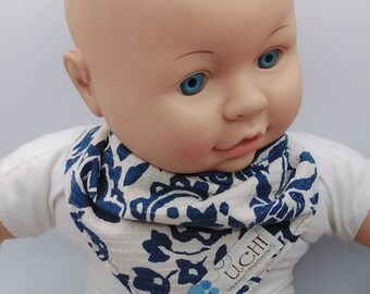 Reversible organic cotton bandana bib with soother strap, one of a kind, hand blocked print, sale