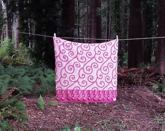 Hand Block Printed Bamboo Baby Blanket, Pink Swirls, Embroidered Lace