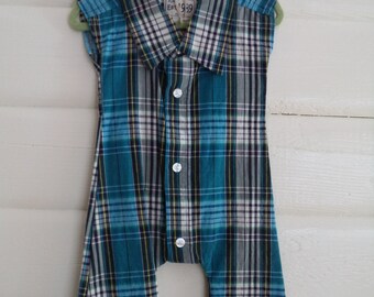 Blue Plaid Shirt Baby Romper, upcycled, repurposed, eco friendly baby romper, one of a kind, 3 months, sale