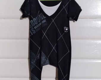 Black Tee harem style romper,toddler,eco friendly,sustainable fashion,one of a kind, sale, snapless, toddler tee romper