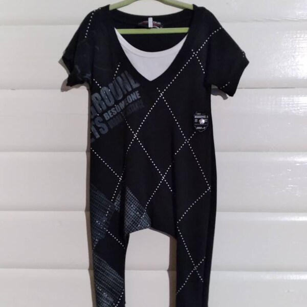 Black Tee harem style romper,toddler,eco friendly,sustainable fashion,one of a kind, sale, snapless, toddler tee romper