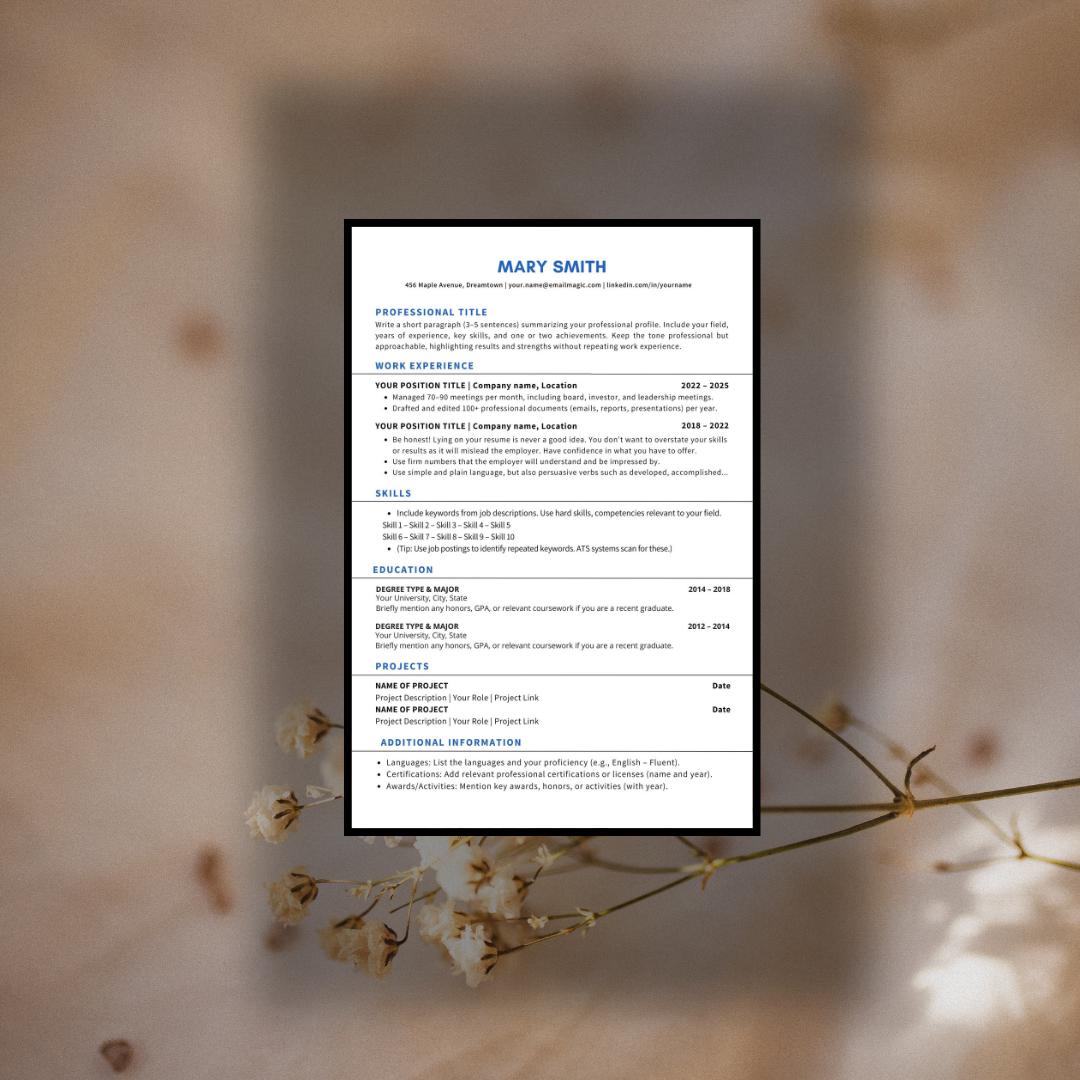 ATS Friendly Blue Resume Template | Modern Professional CV | Word ...