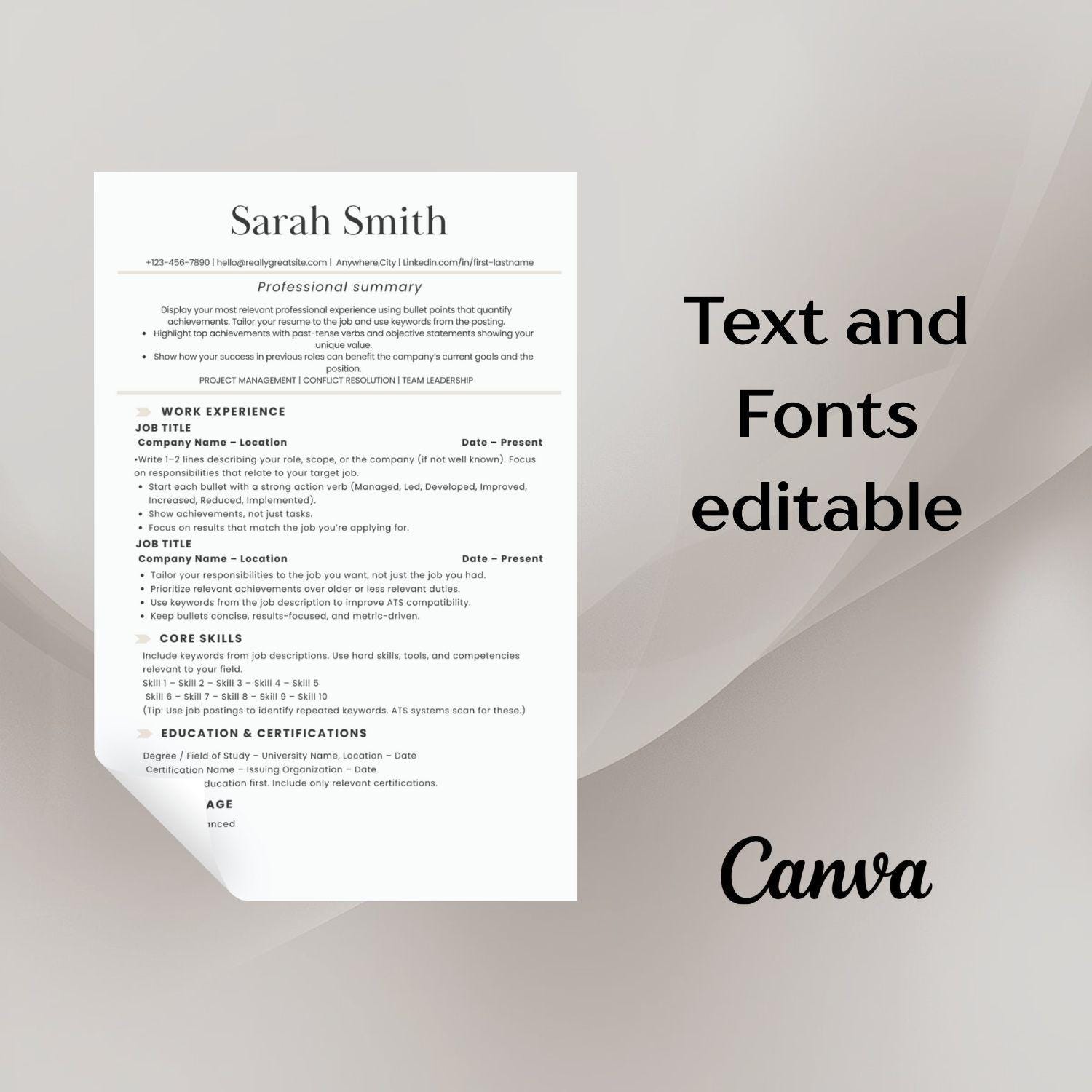 ATS Friendly Resume Template Canva, ATS Cv Resume Template, Minimalist ...