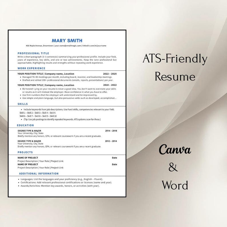 ATS Friendly Blue Resume Template | Modern Professional CV | Word ...