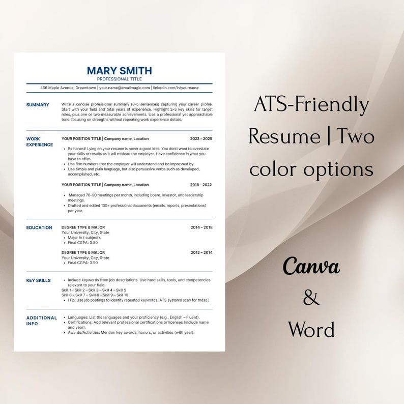 ATS Resume Template Canva Word | Minimalist Professional CV | Clean ...