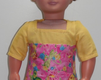 Yellow Yoke Butterflies Dragonflies Flowers Square neck & three quarter Sleeve Knee Length Dress 18" Doll Clothes