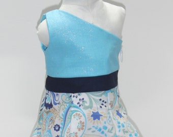 Aqua & Blue One Shoulder Paisley with flowers Dress 18" Doll w/ Invisible side zipper and a little sparkle