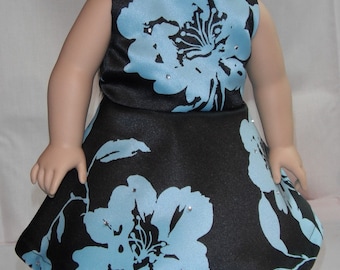 18" Doll Clothes Sleeveless Knee Length 3/4 circle Dress in Black & Aqua Floral print with rhinestones