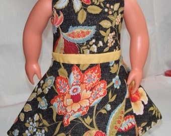 18" Doll Clothes pretty floral print sleeveless dress w/ yellow midriff and invisible Back Zipper