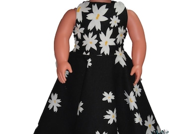 Floor Length 18" Doll Clothes White Daisy flowers on  Black Dress w/ Invisible Back Zipper