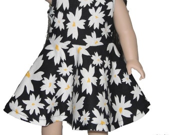 Sleeveless Knee Length 18" Doll Clothes White Daisy flowers on  Black knit Dress w/ Invisible Back Zipper