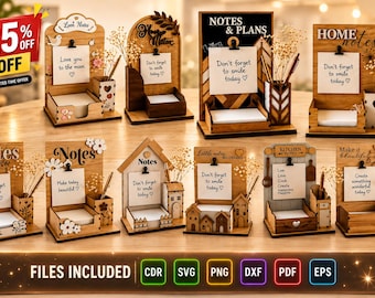 10 Wooden Sticky Note Holder SVG Bundle | Laser Cut Desk Organizer Files | Memo Board CDR SVG Dxf Png Pdf Eps Glowforge Cnc