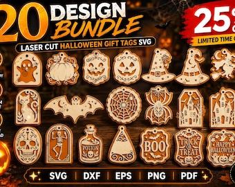 Halloween Gift Tags SVG Bundle, 20 Laser Cut Halloween Tags, Trick or Treat SVG, Pumpkin Witch Bat Ghost Dxf Eps Png