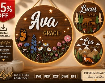 Personalized Nursery Name Sign SVG | Layered Wooden Name Sign Laser Cut Files | Kids Room Decor Glowforge DXF Dwg Eps Pdf Svg