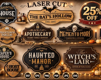 Halloween Laser Cut Sign Bundle SVG | Haunted House Wood Sign Files | Spooky Halloween SVG DXF Eps Png Pdf Jpg | Glowforge Cricut Cnc