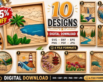 Landscape Laser Cut Bundle SVG | Nature Wall Art SVG Files | Layered Wood Landscape SVG | Glow forge Light burn Dxf Eps Png Pdf Jpg Digital