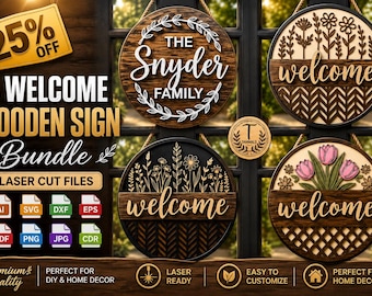Welcome Sign Laser Cut Bundle SVG | Round Wooden Door Sign SVG Files | Farmhouse Welcome Sign | Glowforge LightBurn Dxf Ai Eps Png Pdf Cdr