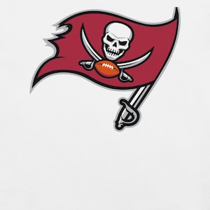 May include: A red flag with a white skull, crossed swords, and an orange football. The flag has a tattered edge and a silver sword handle. The design is a sports team logo.