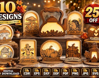 10 Fall Laser Cut SVG Bundle, Autumn Pumpkin Decor, Glowforge DXF Files, Fall Tiered Tray, Harvest Wood Signs, Digital Download