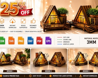 A Frame Cabin Laser Cut SVG Bundle | Mini Cabin House SVG Files | 3D Wooden House Glowforge Files | LightBurn Dxf Cdr Eps Pdf Png