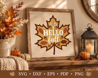 Hello Fall SVG, Maple Leaf Laser Cut File, Autumn Sign DXF, Fall Wood Decor, Glowforge CNC Design, Seasonal Digital Download