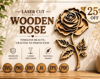 3D Wooden Rose SVG | Laser Cut Rose Wall Art | Layered Flower SVG Bundle | Glowforge xTool CNC Cricut Dxf Eps Png Pdf Ai Files