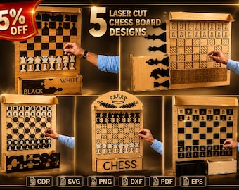 Laser Cut Chess Board SVG Bundle, 5 Chess Board Designs, Chess Set DXF, Cricut Laser Cut Files, Wood Chess Game Template