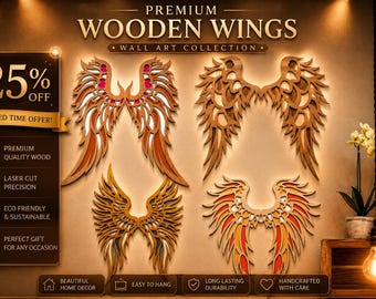 Angel Wings SVG Bundle, Wooden Wings Wall Art SVG, Laser Cut Wings Design, Feather Wings SVG, Angel Wing Wall Decor, Rustic Wood Decor