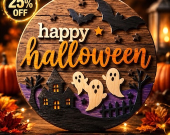 Happy Halloween SVG, Halloween Wood Sign SVG, Ghost Pumpkin SVG, Spooky Halloween Decor, Haunted House Cricut Laser Cut