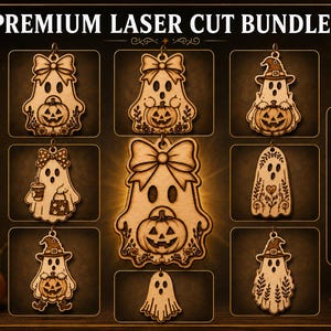 Halloween Ghost Ornament Bundle SVG | Laser Cut Files | Ghost Pumpkin Wood Ornament SVG | Glowforge LightBurn Dxf Ai Eps Png Pdf Cdr