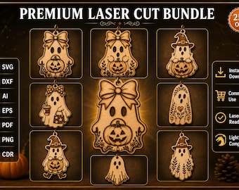 Halloween Ghost Ornament Bundle SVG | Laser Cut Files | Ghost Pumpkin Wood Ornament SVG | Glowforge LightBurn Dxf Ai Eps Png Pdf Cdr