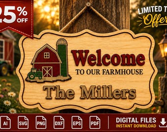 Farmhouse Welcome Sign SVG | Barn Door Hanger Laser Cut Files | Personalized Family Sign | Glowforge DXF AI Eps Png Pdf Svg