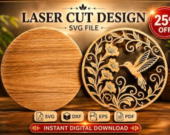 Hummingbird Floral Laser Cut SVG, Bird Wall Art, Round Wood Decor, Glowforge Dxf, Cnc Cut File, Floral SVG Design