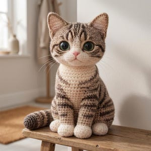 May include: A crocheted cat figurine with large, expressive eyes and a pink nose. The cat is seated on a wooden bench, showcasing a detailed tabby pattern in shades of brown and cream. The handmade cat has white paws and a long tail.