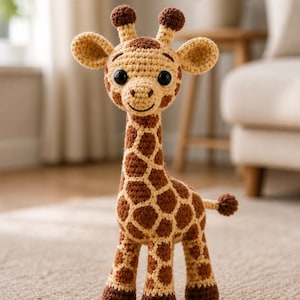May include: A handcrafted crochet giraffe toy. The giraffe has a tan body with brown spots, a long neck, and a smiling face. It has small brown horns and a tail. The toy is standing on a neutral-colored carpet.