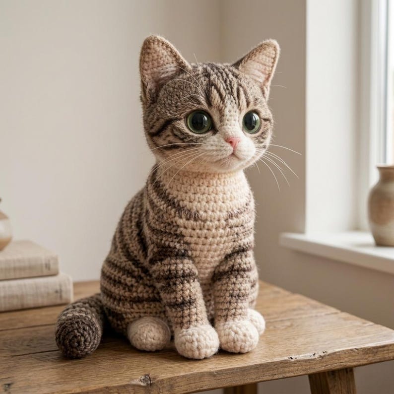 May include: A crocheted cat figurine with a striped pattern in shades of brown and cream. The cat has large, expressive green eyes and a pink nose. It is sitting upright on a wooden surface, showcasing its detailed craftsmanship.