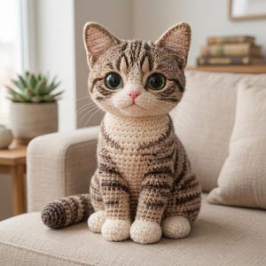 May include: A crocheted cat figurine with large, expressive green eyes and a pink nose. The cat is primarily beige with brown stripes and white paws. It is sitting upright on a beige sofa.