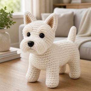 May include: A cream-colored, crocheted dog figurine with black eyes and a black nose. The dog has a fluffy beard and upright ears with tan inner ear detailing. The handmade dog is standing on a wooden surface.