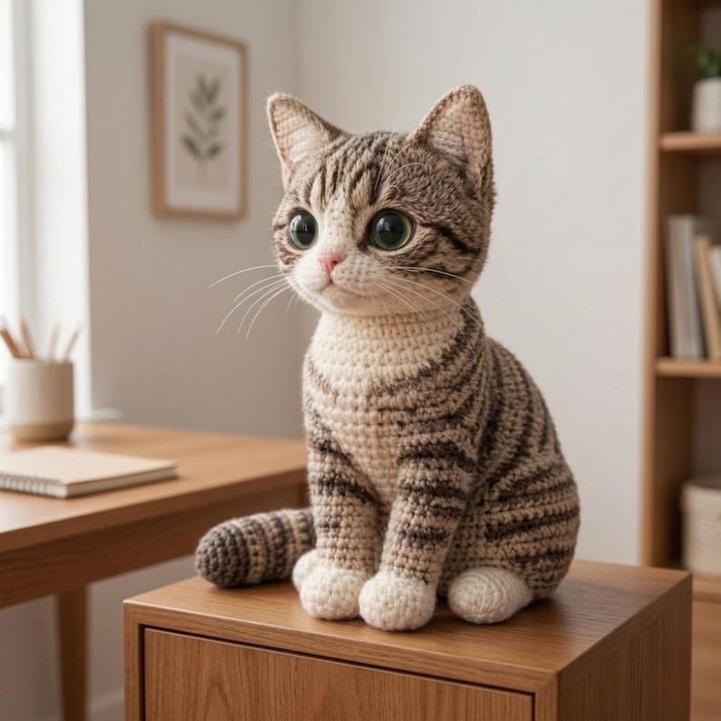 May include: A handcrafted crochet cat figurine with large, expressive green eyes and a pink nose. The cat features a striped pattern in shades of brown and cream. It is sitting on a wooden surface, showcasing its detailed craftsmanship.
