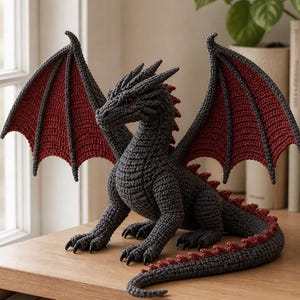 Virkmönster för realistisk obsidiandrake i PDF-format • Avancerad amigurumidrake • Stort fantasiplyschmönster