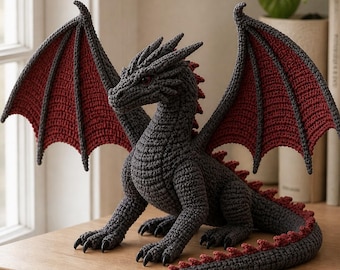 Schema PDF per drago di ossidiana realistico all'uncinetto • Drago amigurumi avanzato • Schema per grande peluche fantasy