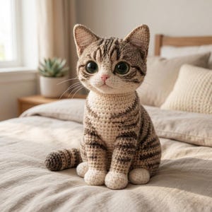 May include: A crocheted cat figurine with large, expressive eyes. The cat has a striped pattern in shades of brown and cream. It is sitting upright with its tail curled and paws visible. The cat is on a bed with neutral-toned bedding.