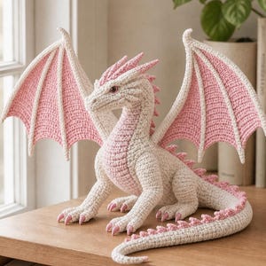 Puede incluir: Figura de dragón de ganchillo en blanco y rosa. El dragón tiene grandes alas con secciones rosas y blancas, una larga cola y garras rosas. Está sentado sobre una superficie de madera.