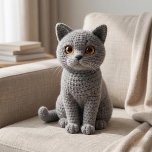 Peut inclure: Un chat gris au crochet avec de grands yeux orange est assis sur un canapé beige. Le chat a des détails, notamment des moustaches et une surface texturée. C'est un objet décoratif.