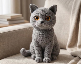 Patrón amigurumi de gato gris realista en PDF • Tutorial de crochet para británico de pelo corto